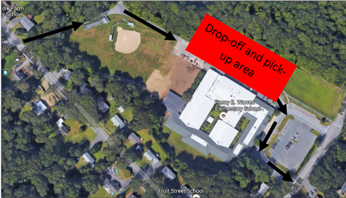 An aeriel view of the Warren School showing the drop off and pick up route